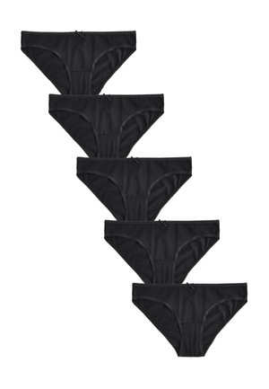 Öt azonos fekete női bikini stílusú alsónemű, átlósan elrendezve fehér háttéren, mindegyiken egy kis elülső masnival.