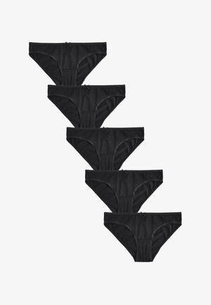 Viis identsed mustad naiste bikiinistiilis aluspüksid, diagonaalselt valgel taustal, igaühel ees väike vibu.