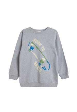 Felpa grigia in cotone con polsini e collo a costine. Presenta una grafica colorata di uno skateboard e il testo "NATO PER SCIOCARE".