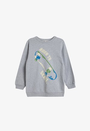 Harmaa huppari, joka on valmistettu puuvillasta ja jossa on ribbattuja hihansuita ja kaulus. Siinä on värikäs skeittigrammi ja teksti "BORN TO SKATE."