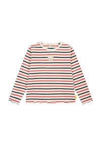Camicia a maniche lunghe a righe in crema, rosso e blu navy. Presenta un patch a forma di orso sul petto e un orlo arricciato. Realizzata in tessuto a coste.