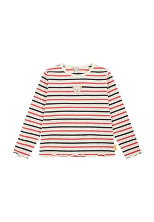 Camicia a maniche lunghe a righe in crema, rosso e blu navy. Presenta un patch a forma di orso sul petto e un orlo arricciato. Realizzata in tessuto a coste.