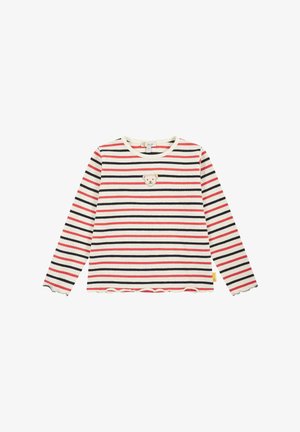 Camicia a maniche lunghe a righe in crema, rosso e blu navy. Presenta un patch a forma di orso sul petto e un orlo arricciato. Realizzata in tessuto a coste.
