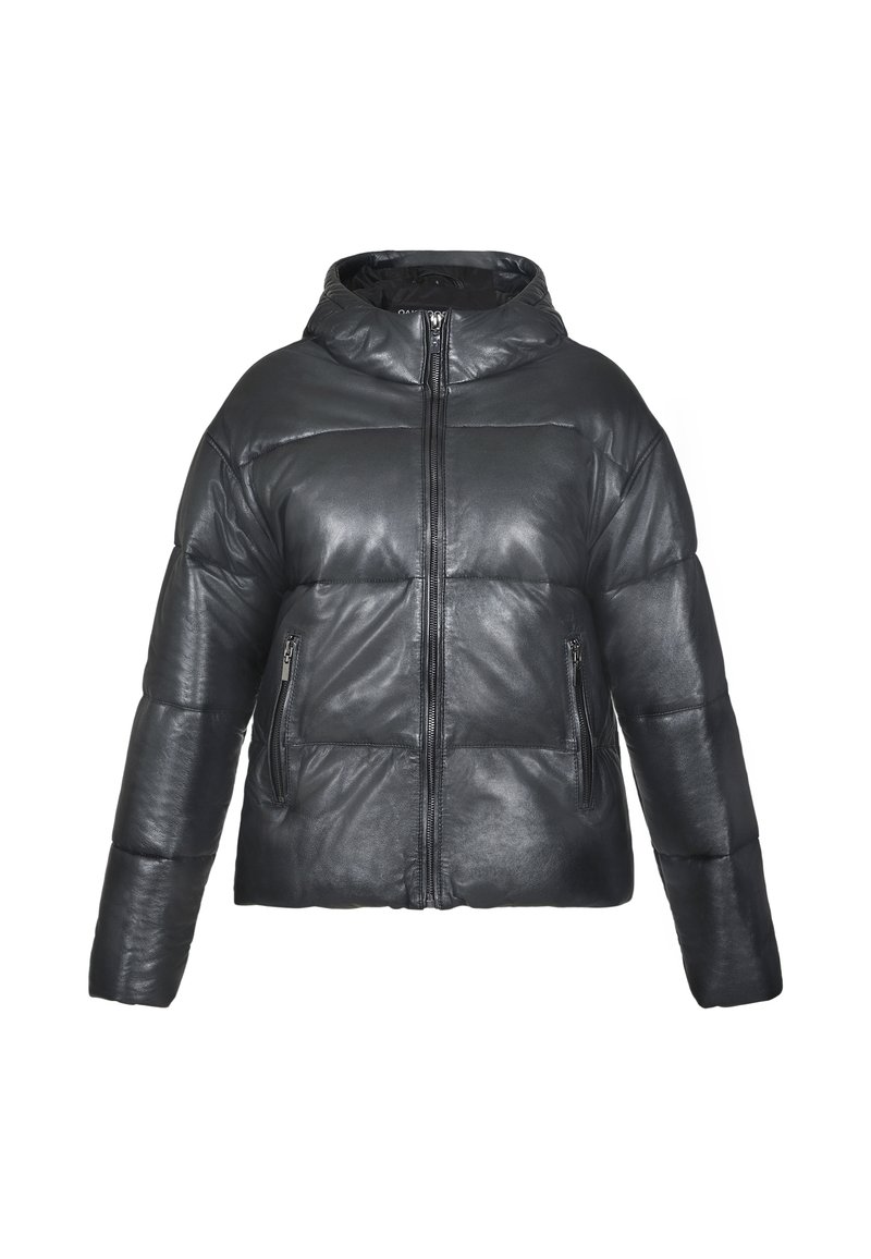 Schwarze Leder-Puffermantel mit einem Frontreißverschluss, hohem Kragen und zwei seitlichen Taschen. Das Design verfügt über gesteppten Bereiche zur Isolierung.