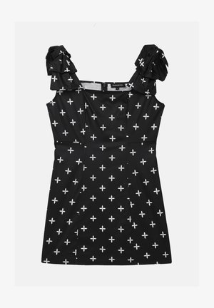 Mustaga kleit valgete lillemotiividega, jämedalt vormitud disain ja volangidega õlavarre rihmad. Seljal on tõmblukk. Sile kangastekstuuri.