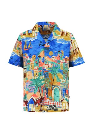 Short-sleeve button-up shirt featuring a vibrant, multicolored pattern of coastal scenes, with blue, red, and green hues. Made of lightweight fabric.