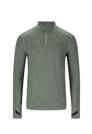Leichter olivgrüner Pullover mit langen Ärmeln, Viertel-Reißverschluss, Daumenlöchern und kontrastierenden Nähten, aus feuchtigkeitsableitendem Stoff.