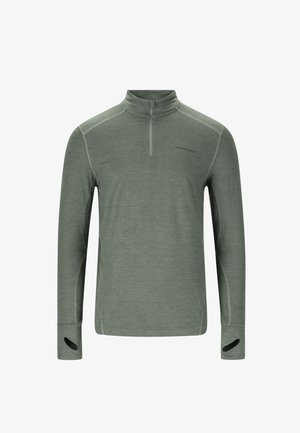 Leichter olivgrüner Pullover mit langen Ärmeln, Viertel-Reißverschluss, Daumenlöchern und kontrastierenden Nähten, aus feuchtigkeitsableitendem Stoff.