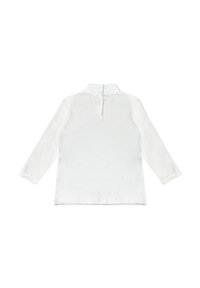 Maglietta a maniche lunghe bianca per bambini con colletto alto e due bottoni sul retro, design semplice, stesa su uno sfondo bianco.