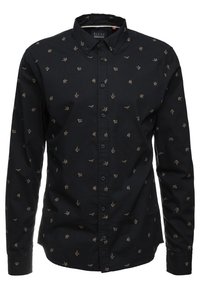 Zwarte langmouwen shirt met een button-down kraag, voorzien van gouden origami-patroonontwerpen, gemaakt van een gladde stof met een subtiele glans.