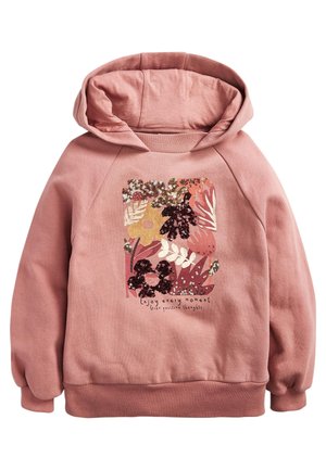 Sweat à capuche rose avec motif floral en sequins et texte « Profitez de chaque instant, cultivez des pensées positives » sur le devant.