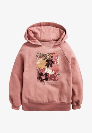 Sweat à capuche rose avec motif floral en sequins et texte « Profitez de chaque instant, cultivez des pensées positives » sur le devant.