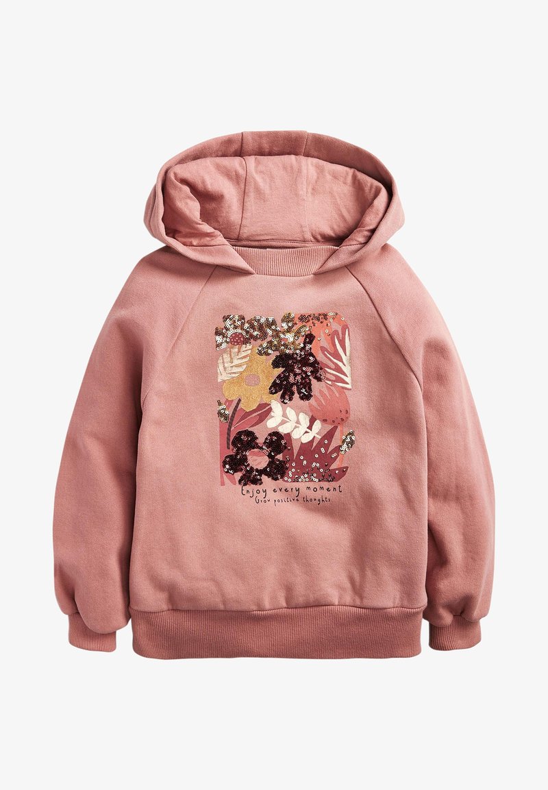 Sweat à capuche rose avec motif floral en sequins et texte « Profitez de chaque instant, cultivez des pensées positives » sur le devant.