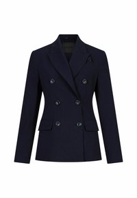 Námornícky dvojradový blazer s špicatými klopami, štyrmi prednými gombíkmi, dvoma bočnými vreckami a detailom vreckového štvorca. Hladká textúra látky.