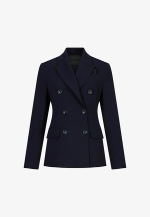 Veste bleu marine à double boutonnage avec un revers en pointe, quatre boutons à l'avant, deux poches latérales et un détail de poche carrée. Texture de tissu lisse.