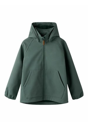 Grüne Kapuzenjacke mit Reißverschluss, elastischen Bündchen und vorderen Kängurutaschen, speziell für Kinder entworfen.