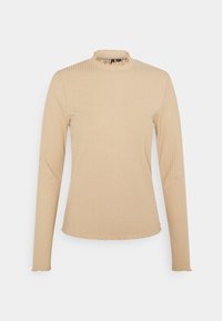 Beige geripptes Langarmoberteil mit figurbetonter Silhouette, hohem rüschiertem Kragen und leicht gewelltem Saum. Hergestellt aus einem weichen Stretchstoff.