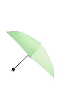 Jasnozielony parasol z gładkim materiałowym daszkiem, czarnym metalowym trzonem i okrągłym uchwytem. Projekt charakteryzuje się prostym, czystym kształtem.