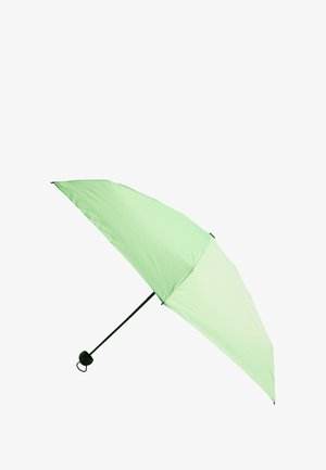 Jasnozielony parasol z gładkim materiałowym daszkiem, czarnym metalowym trzonem i okrągłym uchwytem. Projekt charakteryzuje się prostym, czystym kształtem.