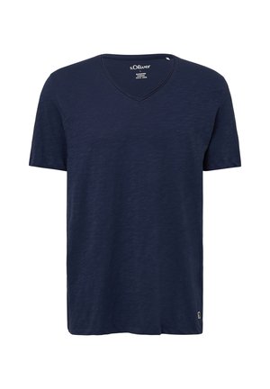 Marineblauwe T-shirt met korte mouwen in een zachte, gestructureerde stof met een V-hals ontwerp en een klein logo-label op de onderkant.