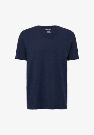 Marineblauwe T-shirt met korte mouwen in een zachte, gestructureerde stof met een V-hals ontwerp en een klein logo-label op de onderkant.