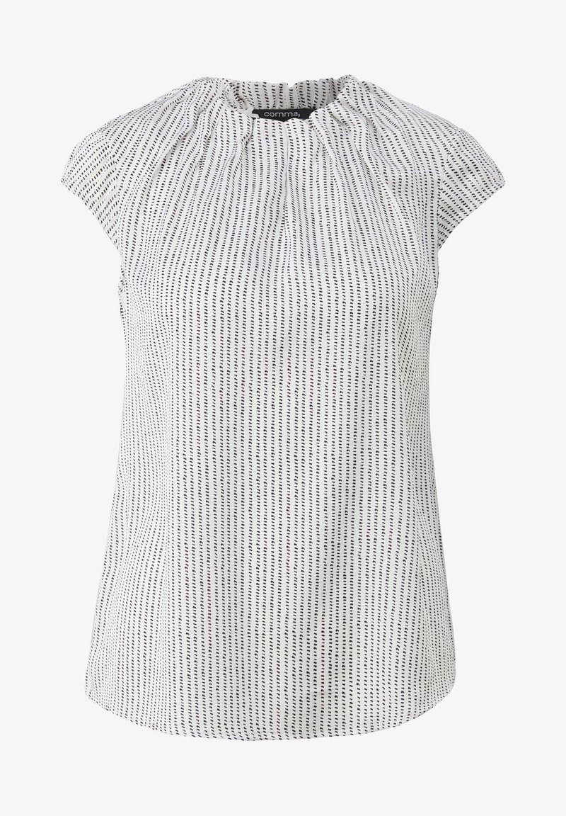 Blouse blanche à manches courtes avec des rayures verticales noires à pois, encolure froncée et plis subtils, étiquetée « comma », présentée sur fond blanc.