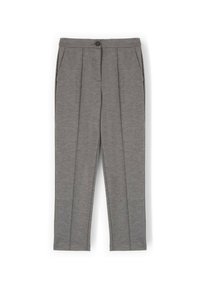 Szare, plisowane spodnie z bocznymi kieszeniami, zapinane na guzik z przodu i mające teksturowany materiał. Dopasowany krój z prostymi nogawkami.