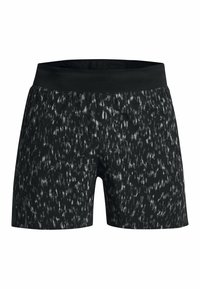 Svarta atletiska shorts med grått abstrakt mönster och bred enfärgad svart midjeresår, framifrån på vit bakgrund.