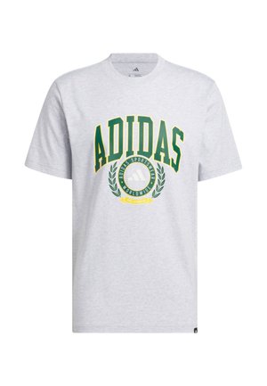 Grijze katoenen t-shirt met "ADIDAS" in groene en gele opdruk, met een rond logo en laurierafbeelding in het midden. Korte mouwen, ronde hals.