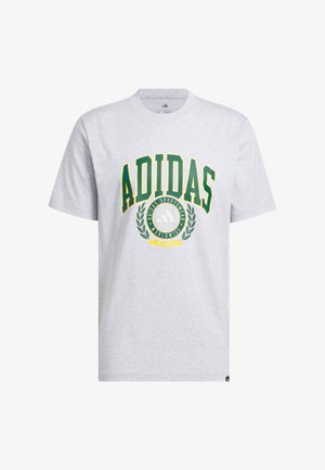 Grå bomullströja med "ADIDAS" i grön och gul tryck, med en cirkulär logotyp och lagerbladsgrafik i mitten. Kortärmad, rundad hals.
