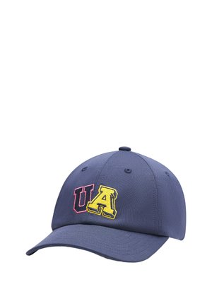 Marineblaue Baseballkappe mit strukturiertem Design, auf der Vorderseite mit gesticktem "UA"-Logo in Rosa und Gelb.