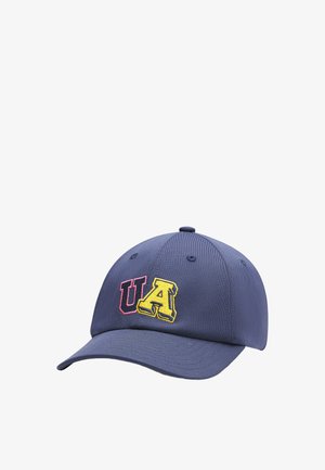 Marineblaue Baseballkappe mit strukturiertem Design, auf der Vorderseite mit gesticktem "UA"-Logo in Rosa und Gelb.