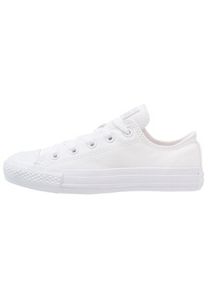 White low-top canvas sneaker with white rubber sole and toe cap, white laces, and metal eyelets, shown in side profile.