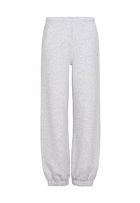 Helle graue Jogginghose mit elastischem Bund und gerafften Bündchen. Hergestellt aus weichem Material mit einer leicht strukturierten Oberfläche.