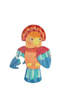 Colorful wooden puzzle shaped like a bird, featuring an orange body, blue feathers, and intricate patterns on the wings and head.