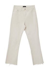 Jeans flare in denim beige chiaro con orlo grezzo e cinque tasche, dotati di chiusura frontale con bottone e dettagli di cucitura discreti.