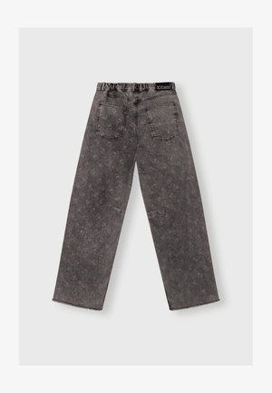 Graue Jeanshose mit lockerer Passform, mit einem gemusterten Design, elastischem Bund und zwei Gesäßtaschen. Ausgefranster Saumabschluss.