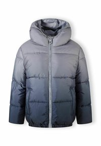 Puffjacka i gradientgrått, med hög krage, dragkedja framtill och elastiska muddar. Slätt, glänsande material med horisontell quiltad design.