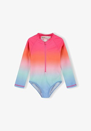 Dziecięcy strój kąpielowy z długim rękawem i zamkiem z przodu, z gradientowym przejściem kolorów od różowego przez pomarańczowy, biały do jasnoniebieskiego.