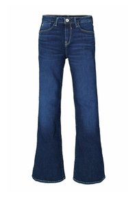 Donkerblauwe flared jeans van denim, met vijf zakken, een voorste knoopsluiting en contrasterende gele stiksels op de naden.