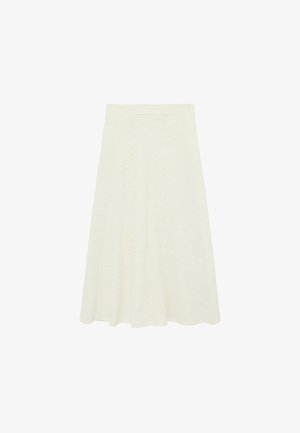 Gonna a linea A color crema con una sottile trama floreale e una vita aderente, mostrata su uno sfondo bianco.