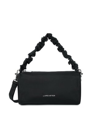 Black rectangular handbag with ruched short handle and detachable longer strap, silver zipper, and "LANCASTER" logo on front.