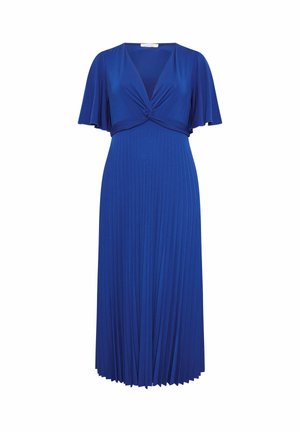 Blue pleated midi dress with short flutter sleeves and twisted knot detail at deep V-neckline.
