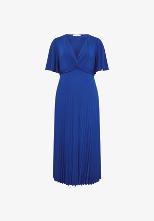 Blue pleated midi dress with short flutter sleeves and twisted knot detail at deep V-neckline.