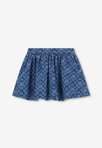 Mini-jupe en denim avec un design froncé, ornée d'un motif floral bleu. Taille élastique et texture douce.
