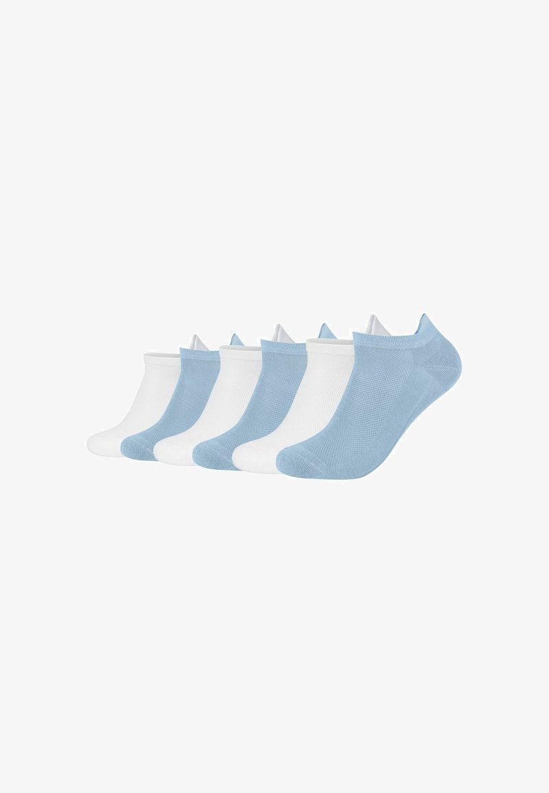 Sept paires de socquettes basses alternant les couleurs bleu clair et blanc, disposées en rangée sur un fond blanc.