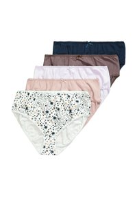 Vijf paar vrouwenondergoed in verschillende kleuren: marineblauw, bruin, lichtroze, lavendel en een wit paar met een sterrenpatroon. Zacht fabric.