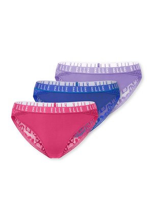 Drie paren damesondergoed in roze, blauw en lavendel, met kantafwerking en een brede witte tailleband met "ELLE" branding.