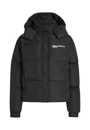 Sort dunjakke med høj krave, knap-af hætte og "Karl Lagerfeld Jeans" logo på brystet.