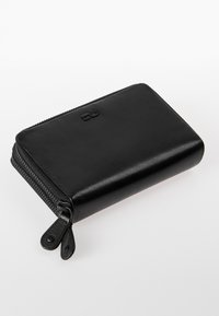 Black leather wallet with a zip closure, rectangular shape, smooth texture, and small logo detail on the front. Features dual zipper pulls.